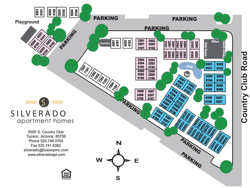 Silverado Apartments property map showing unit locations, pool, spa, clubhouse, fitness center, playground and parking